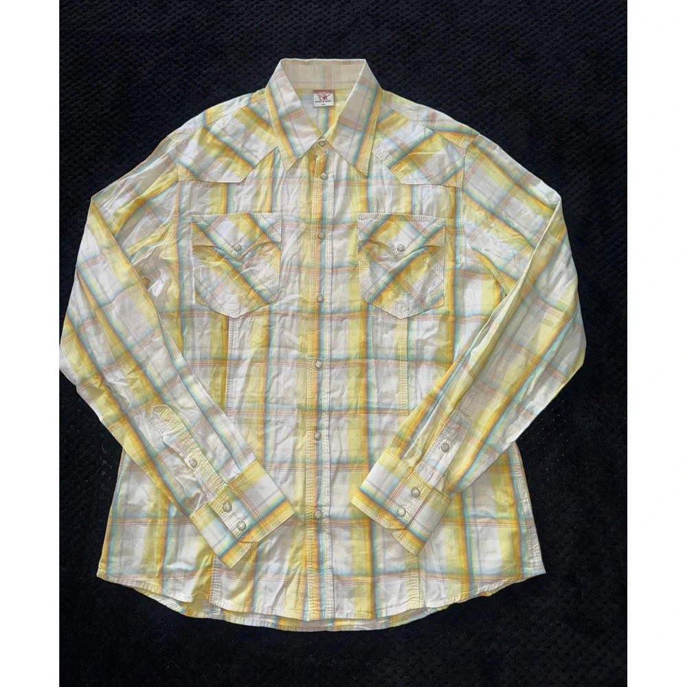 True Religion Men's Shirt Green Plaid Western Pearl Snap Size 2XL